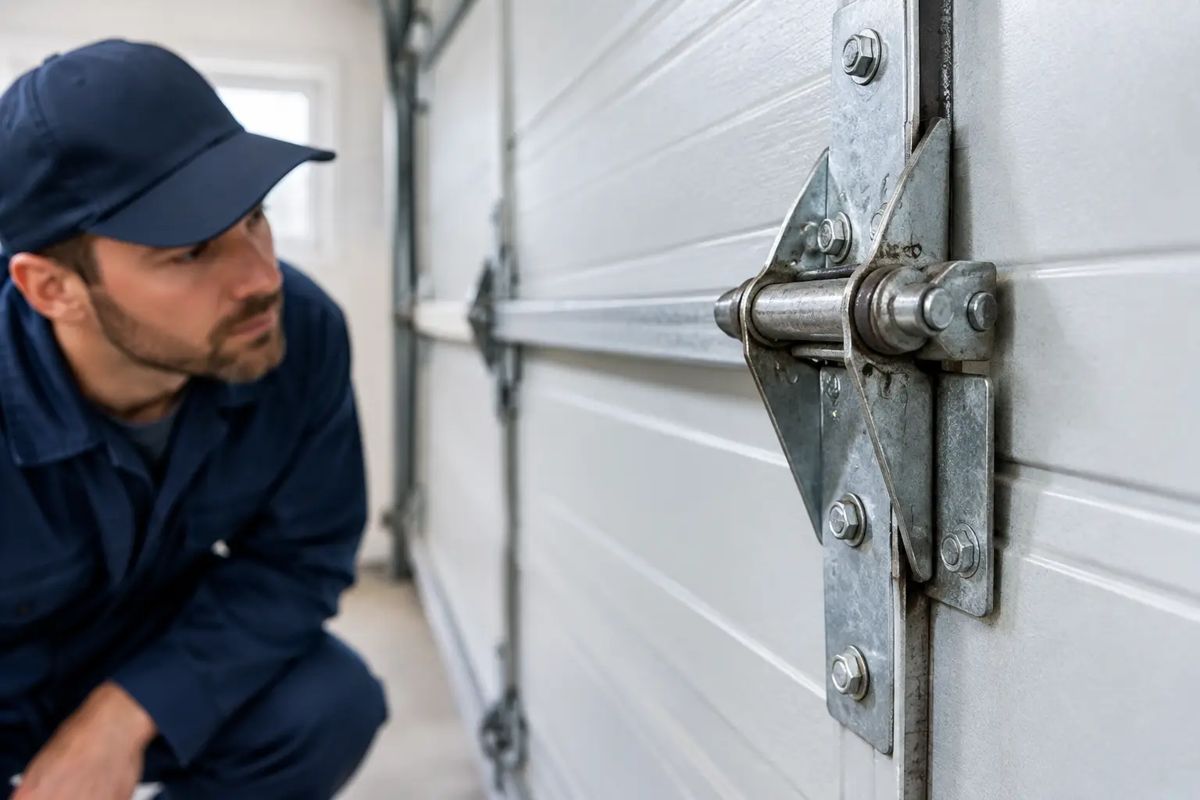 Man inspecting a metal hinge on the inside of a garage door