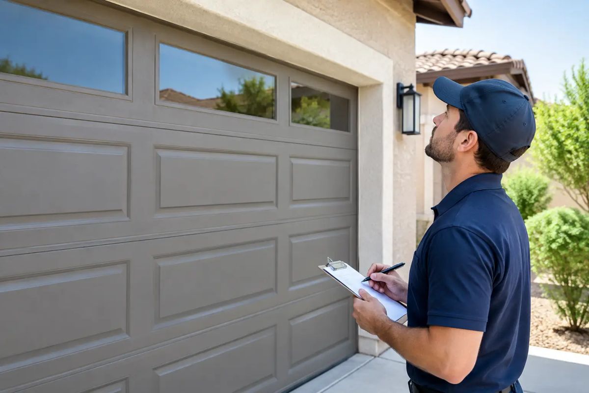 Man examining a closed garage door and recording notes on a clipboard