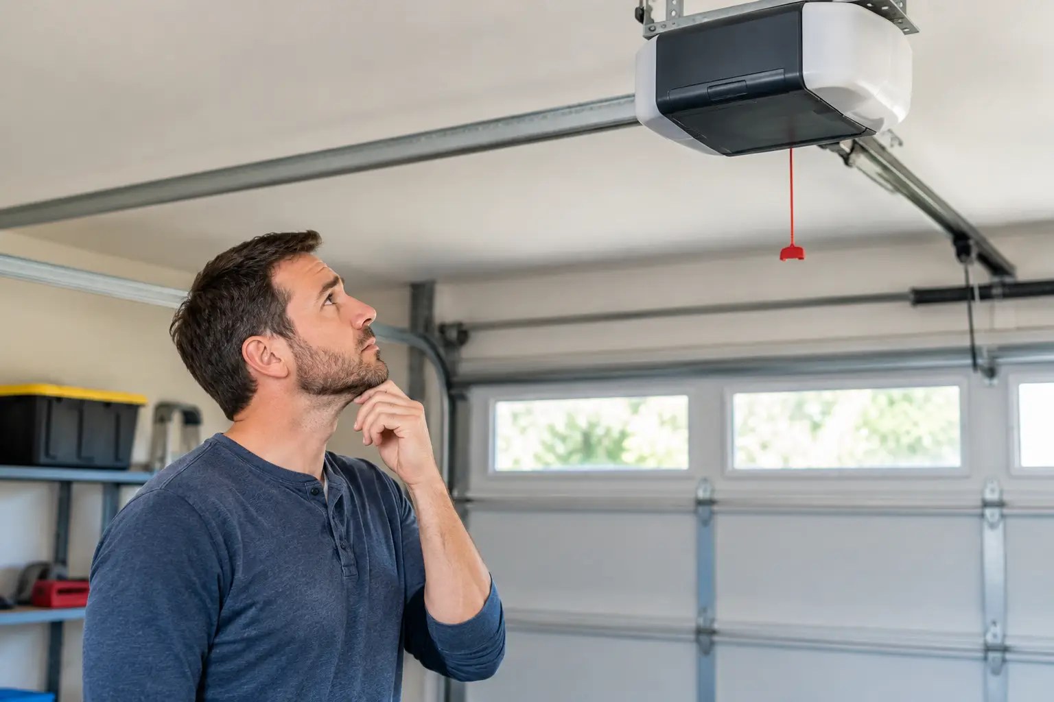 Homeowner looking at a garage door opener mounted above the door