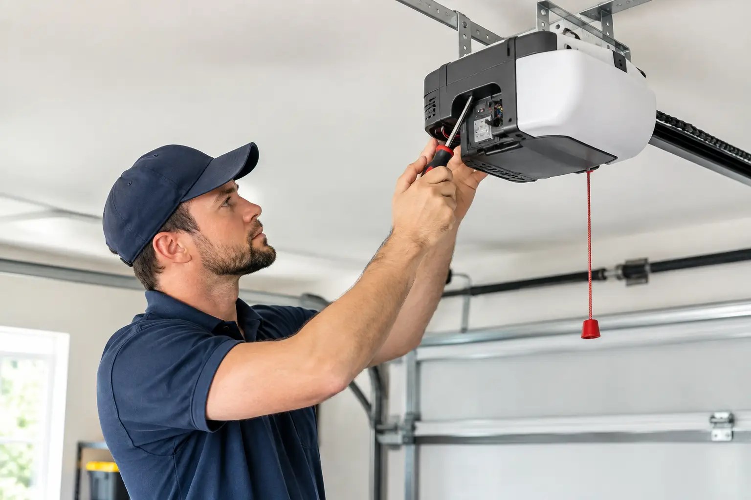 Technician inspecting a garage door opener in a residential garage