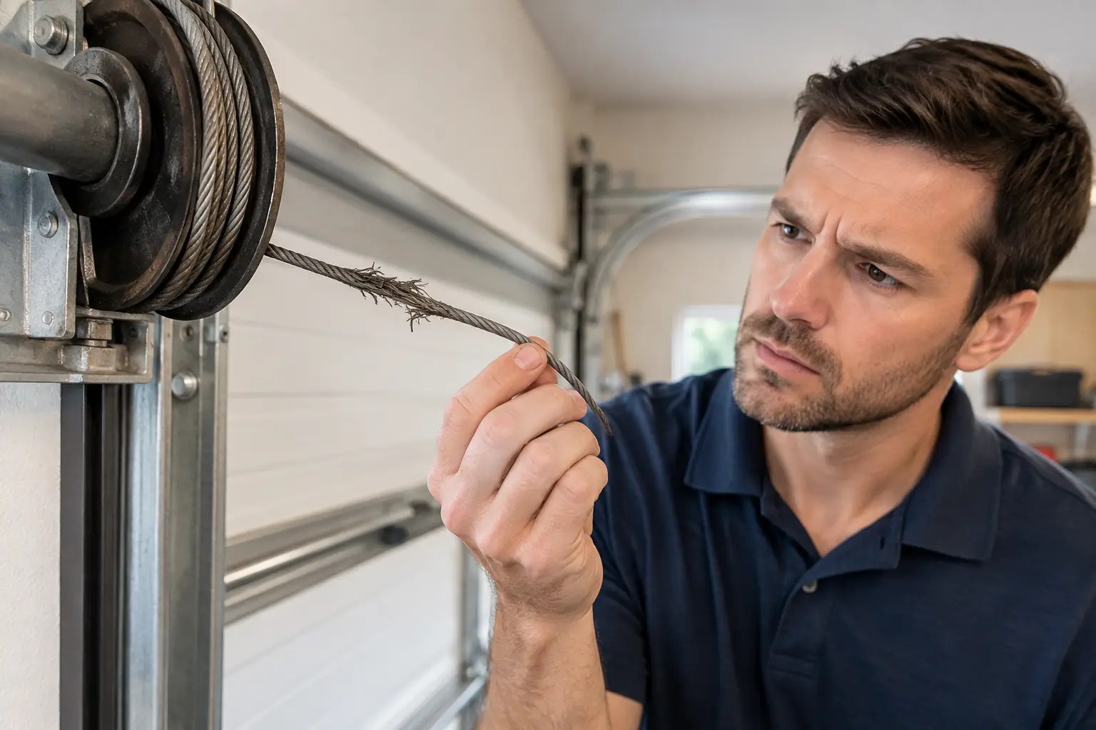 Frayed garage door lift cable being inspected near the cable drum