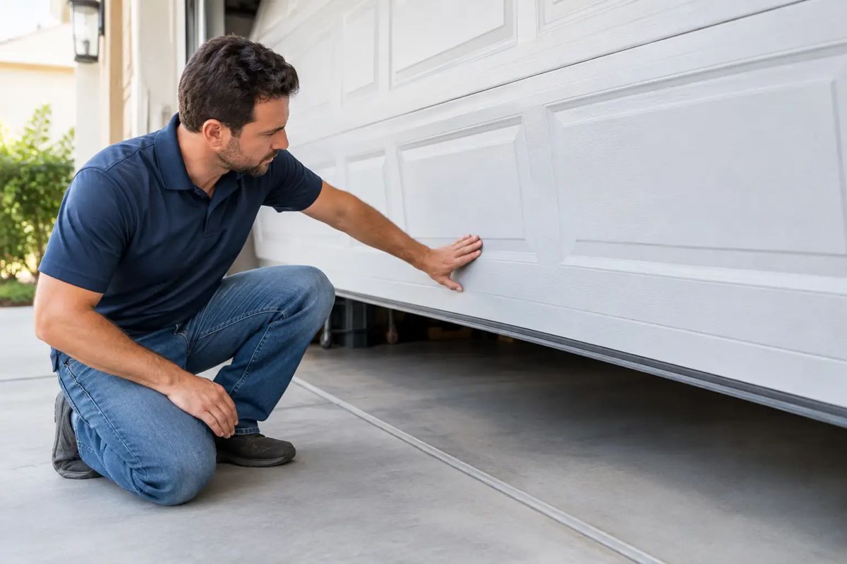 Man inspecting a garage door that is partially open