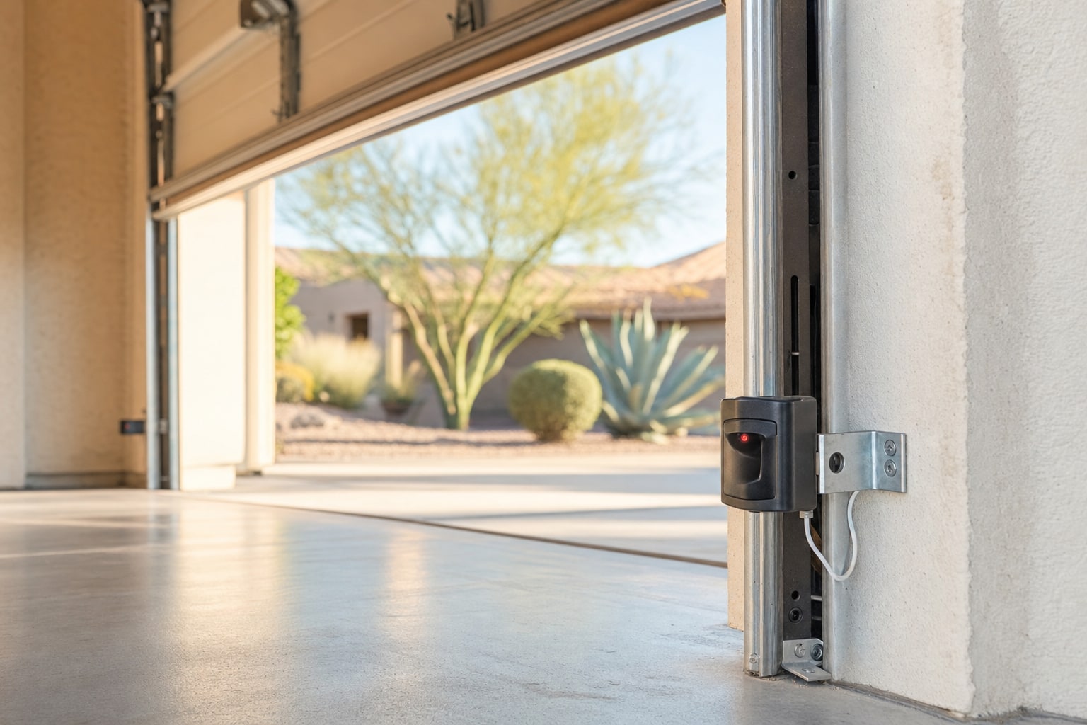 Garage door safety sensor with a red indicator light beside a residential door track