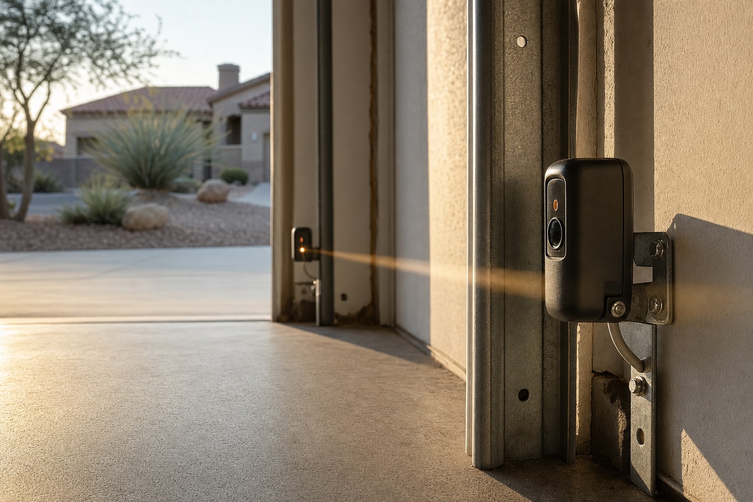 Late-afternoon sunlight near a garage door safety sensor mounted by the track