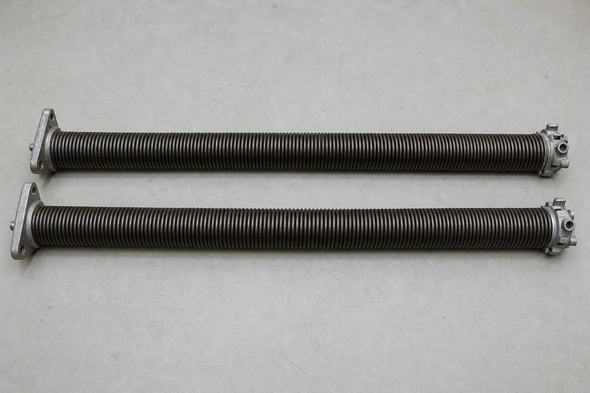 Two standard steel garage door torsion springs with mounting and winding cones