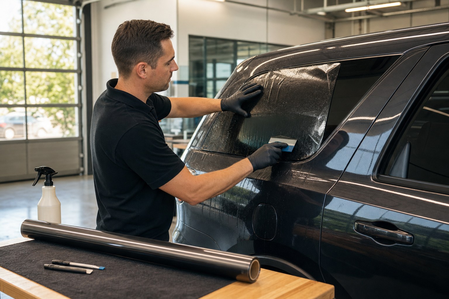 Professional installer applying window film to a dark SUV in a clean workshop