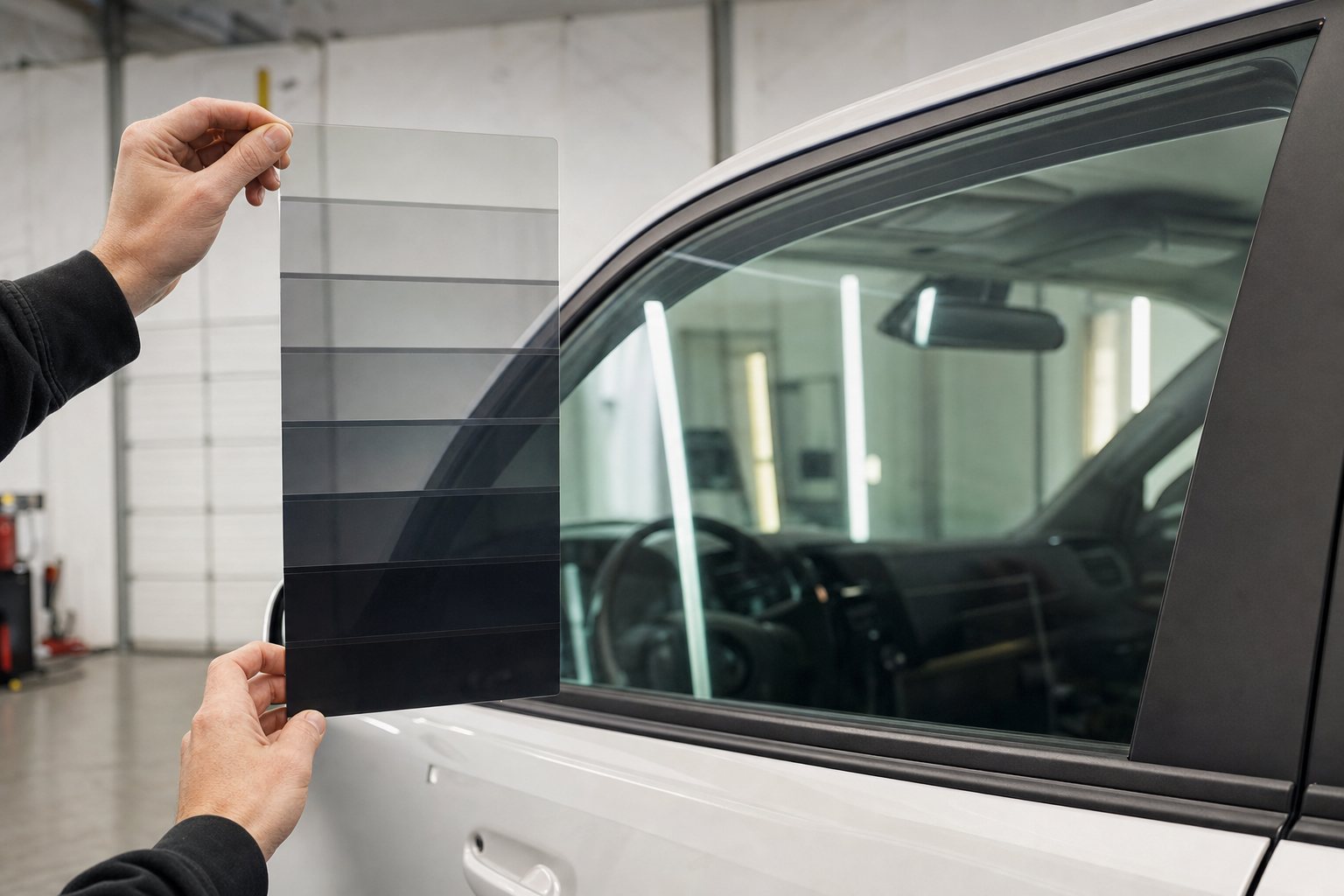 Installer holding a graduated window tint shade sample board beside a vehicle side window