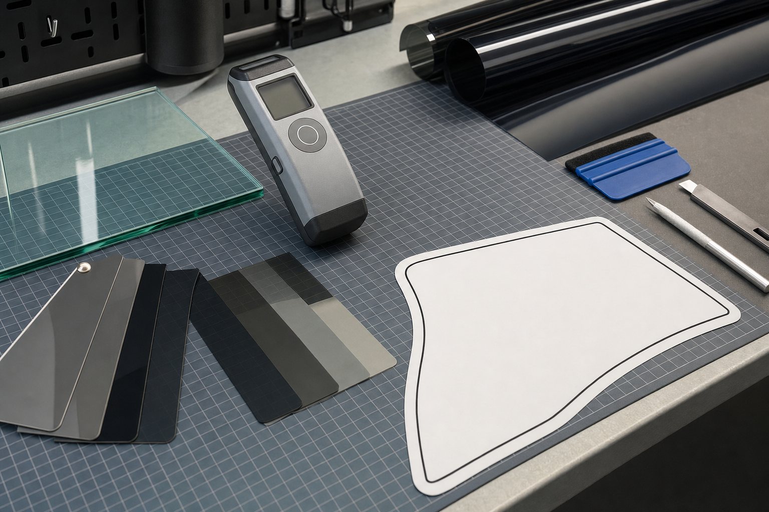 Window film samples, glass panel, and a handheld light-transmittance meter on a professional tint workbench