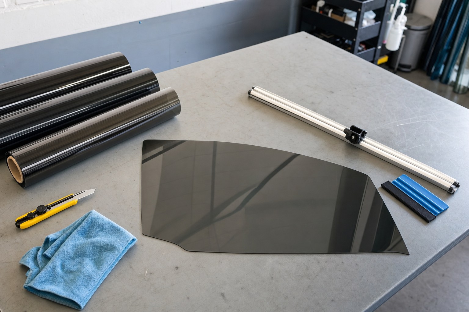 Window film rolls, cutting tools, and a vehicle window template on a professional workbench