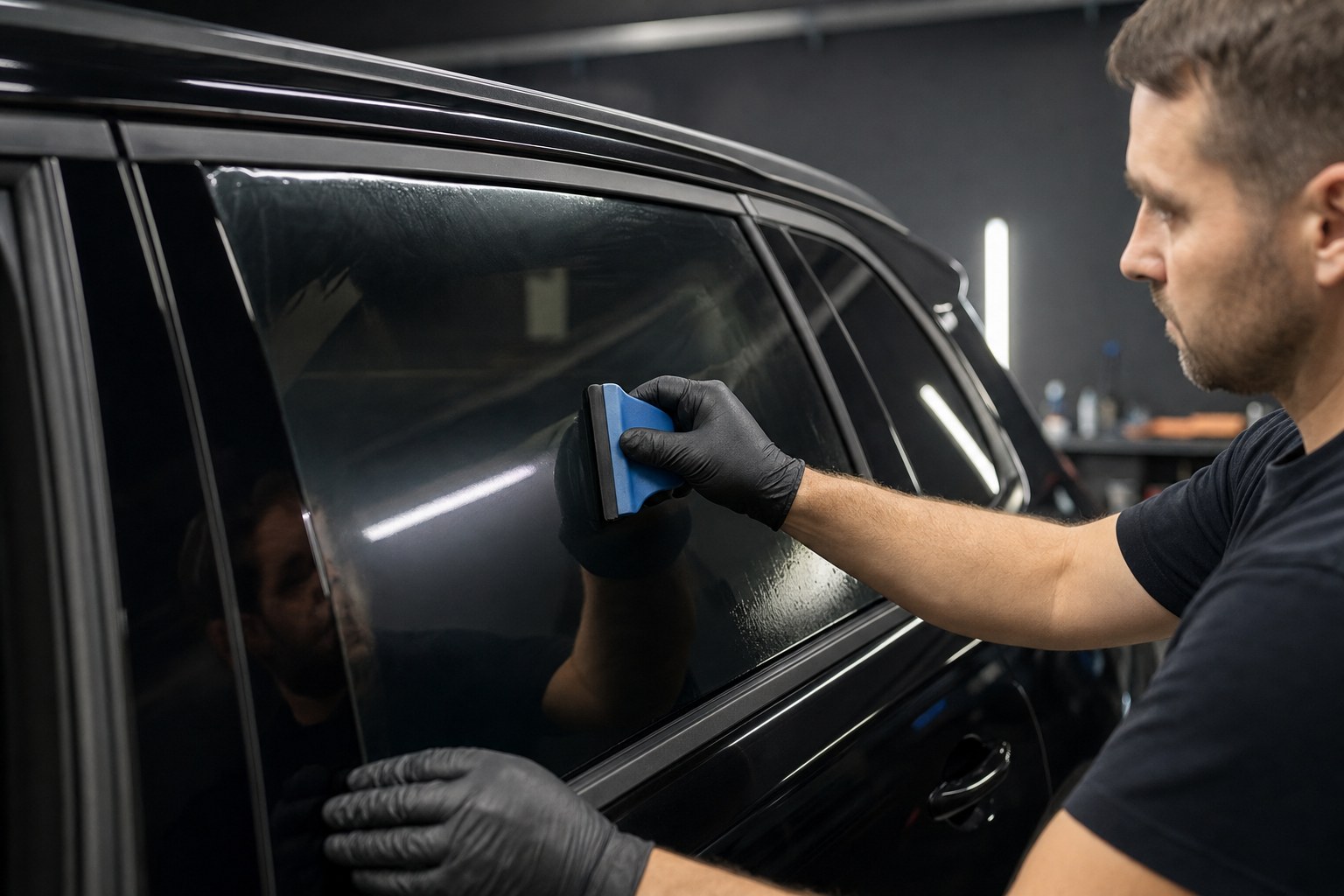 Professional installer using a squeegee to finish an automotive window film installation