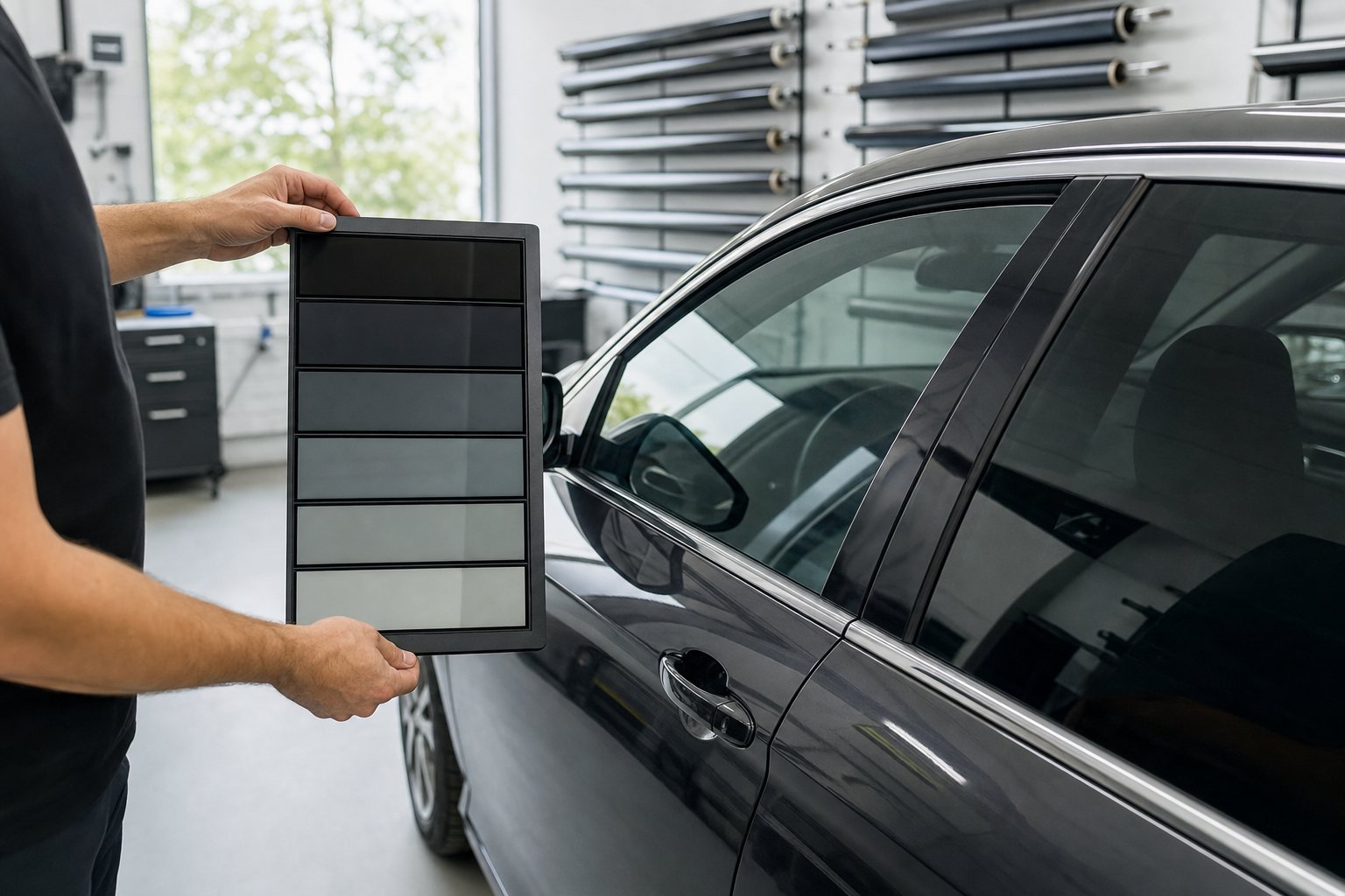 Installer comparing window tint shade samples beside a vehicle in a professional workshop