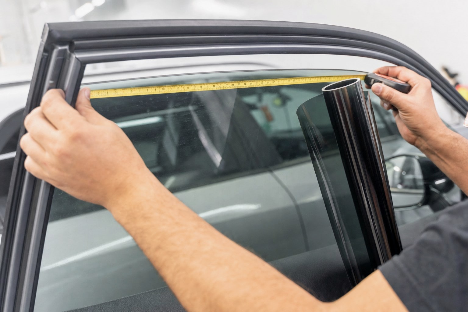 Professional installer measuring a vehicle side window beside an unbranded roll of dark window film
