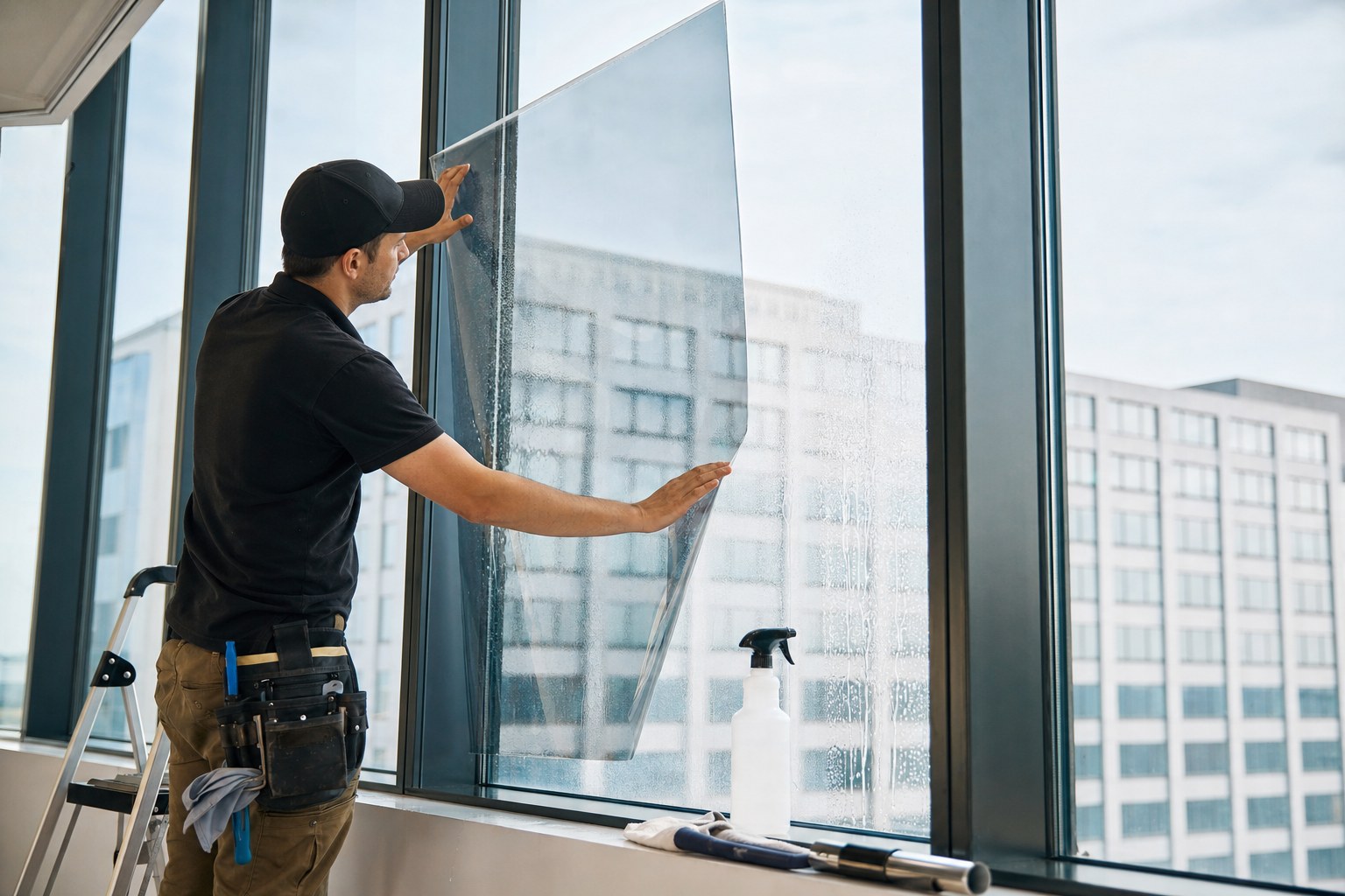 Heat Defense Architectural Window Film in a professional installation environment