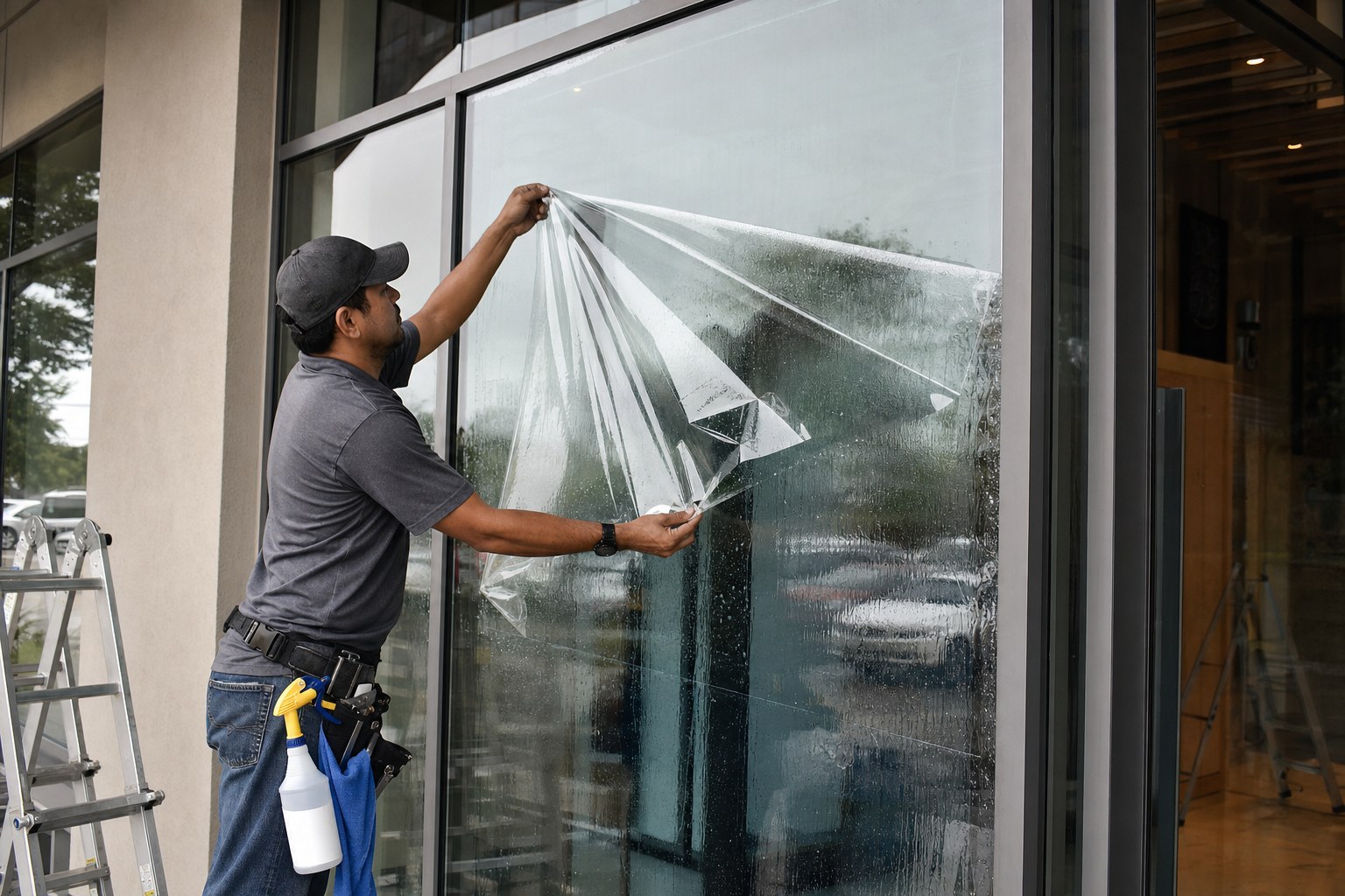 Impact Defense Architectural Glass Protection Film in a professional installation environment