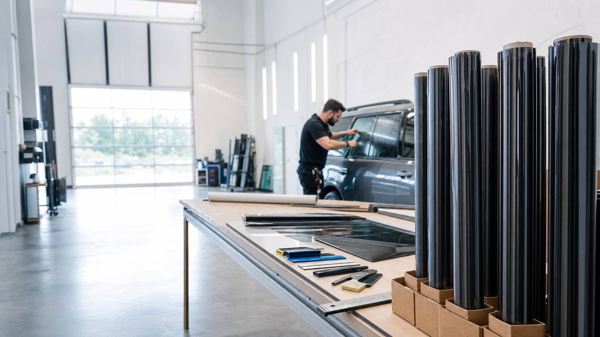 Professional film installer working in an organized supply environment