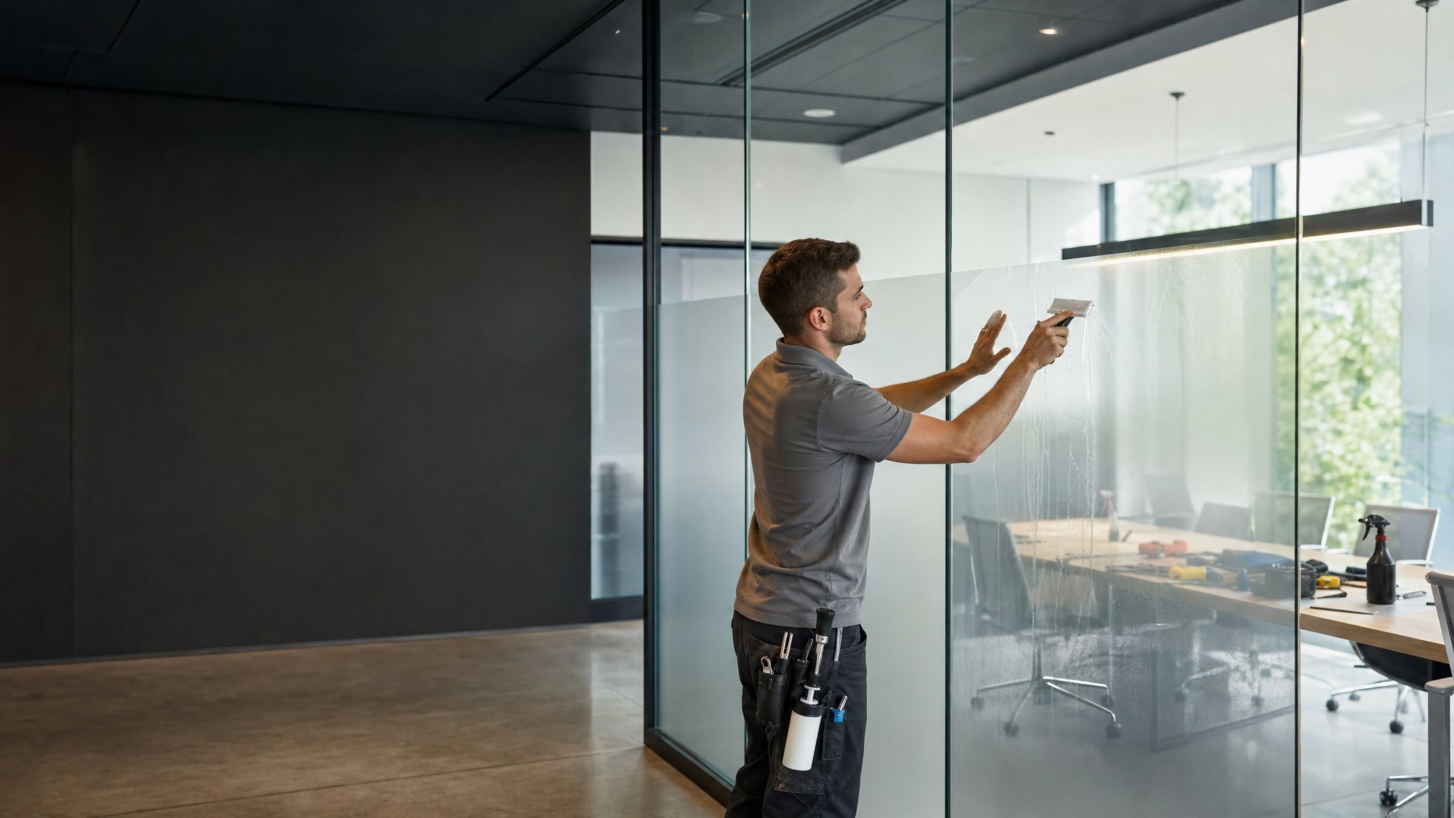 Professional installer applying privacy film to a commercial glass partition