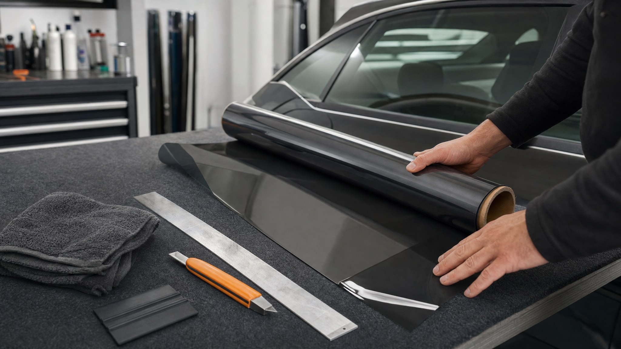 Professional installer preparing a dark window tint film roll on a workshop table