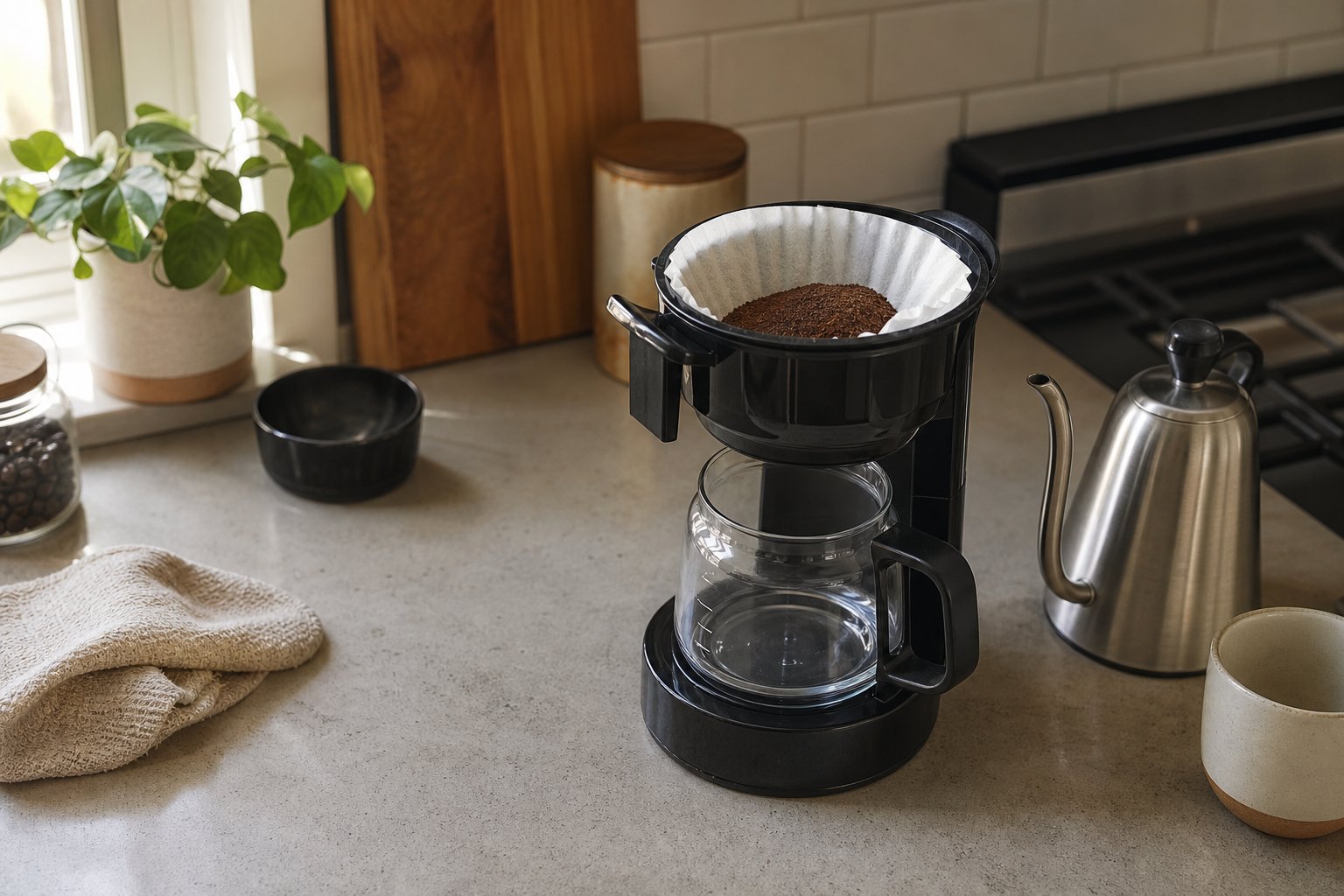 A home drip coffee maker with a paper filter and coffee grounds ready to brew