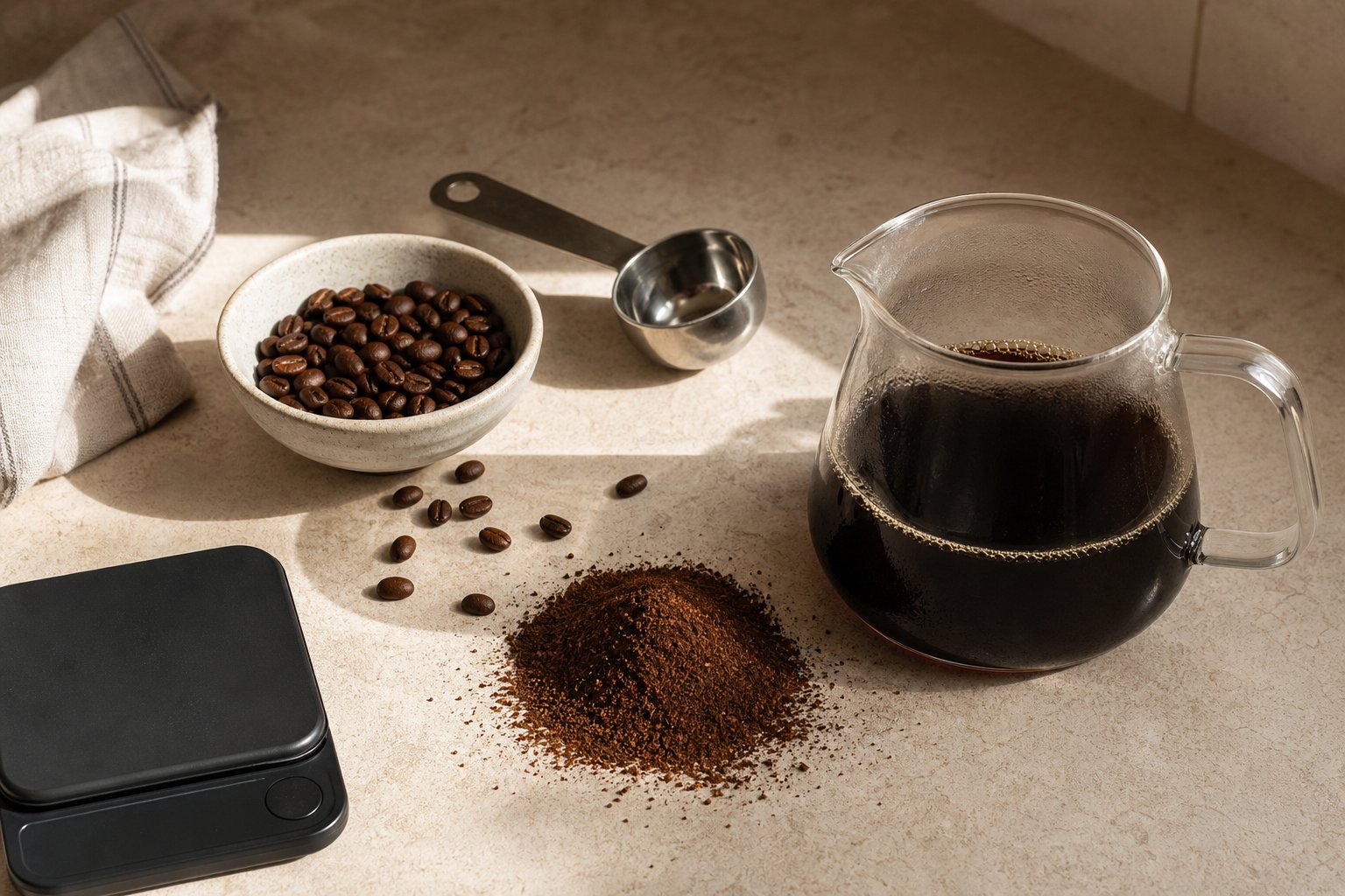 A glass carafe of black coffee with coffee grounds, beans, a scoop, and a kitchen scale on a counter