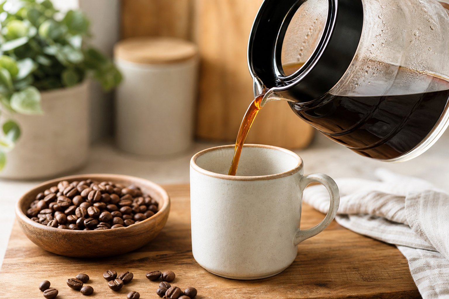 Fresh drip coffee pouring from a glass carafe into a ceramic mug beside coffee beans