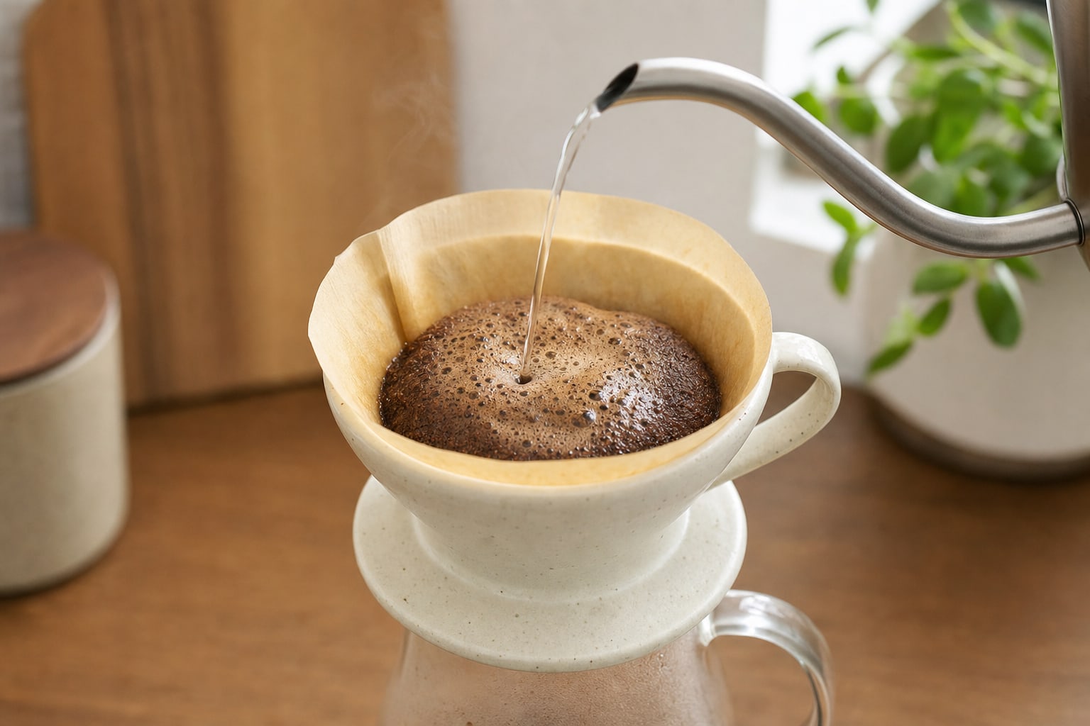 Hot water beginning to bloom coffee grounds in a ceramic pour-over dripper