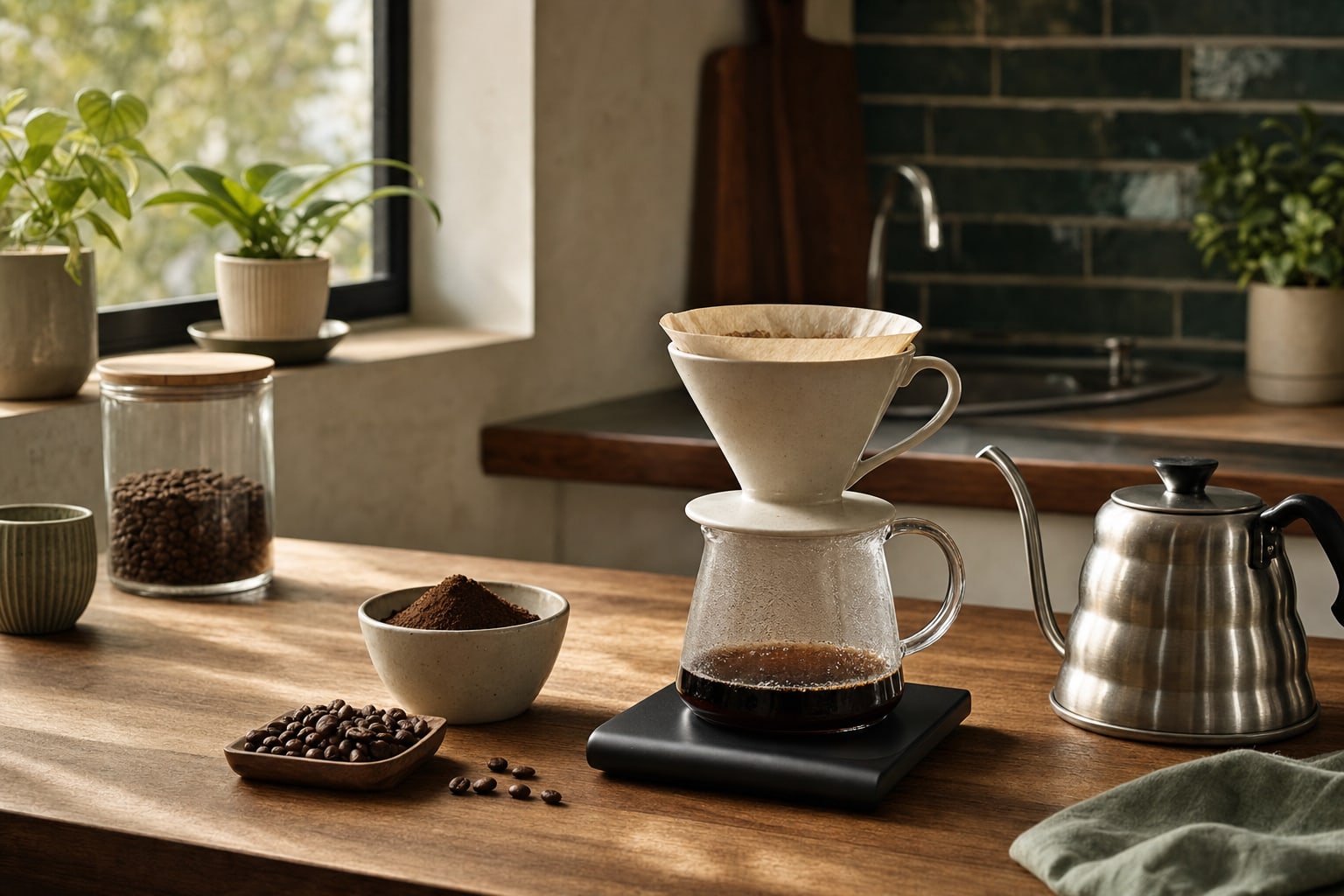 A ceramic pour-over dripper, glass coffee server, kettle, grounds, and beans on a kitchen counter