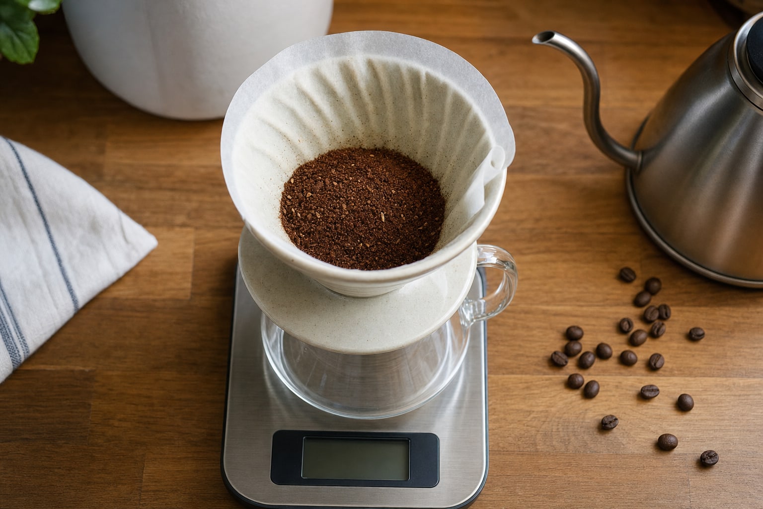 Measured coffee grounds in a paper filter over a glass server on a kitchen scale