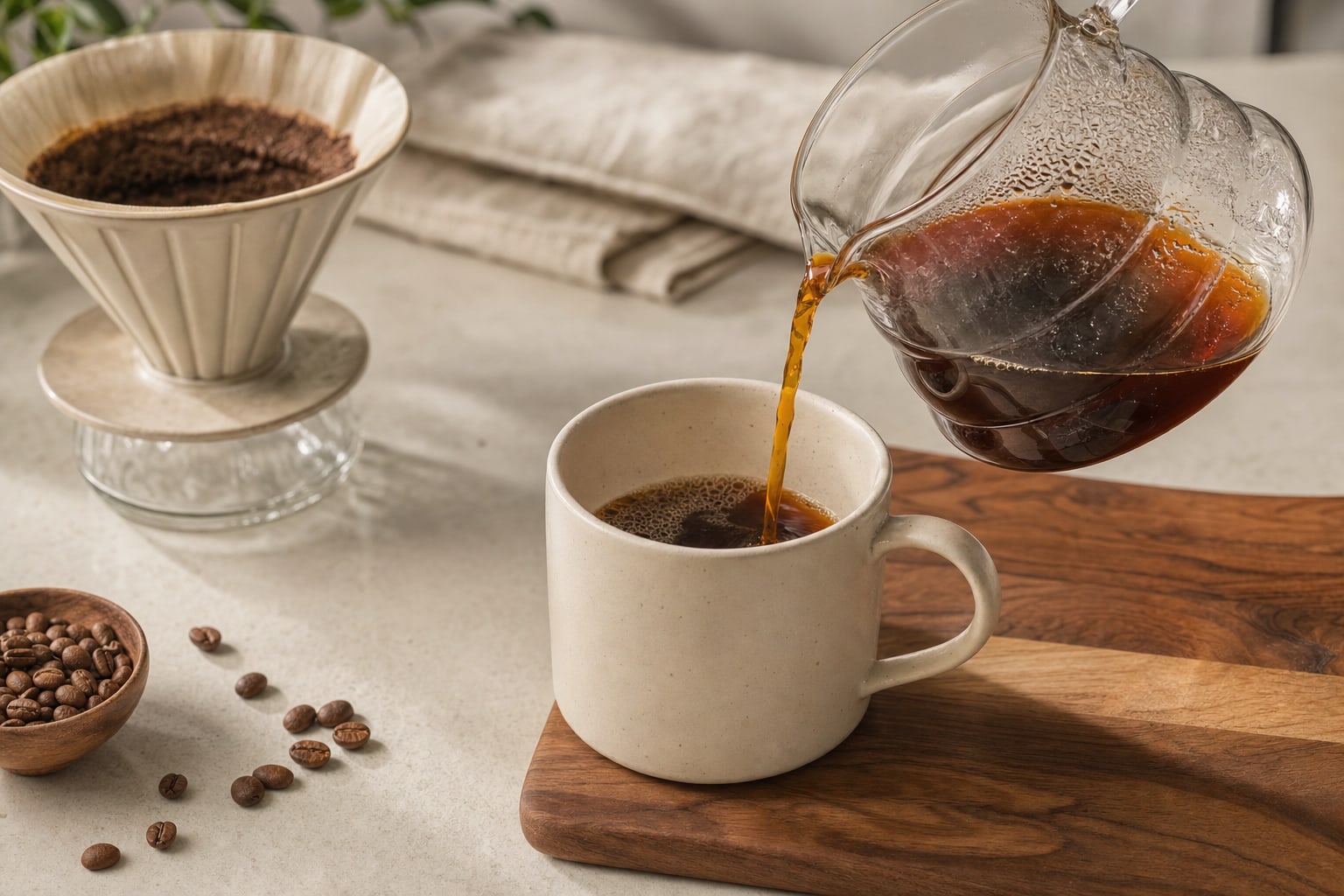 Fresh pour-over coffee being poured from a glass server into a cream ceramic mug