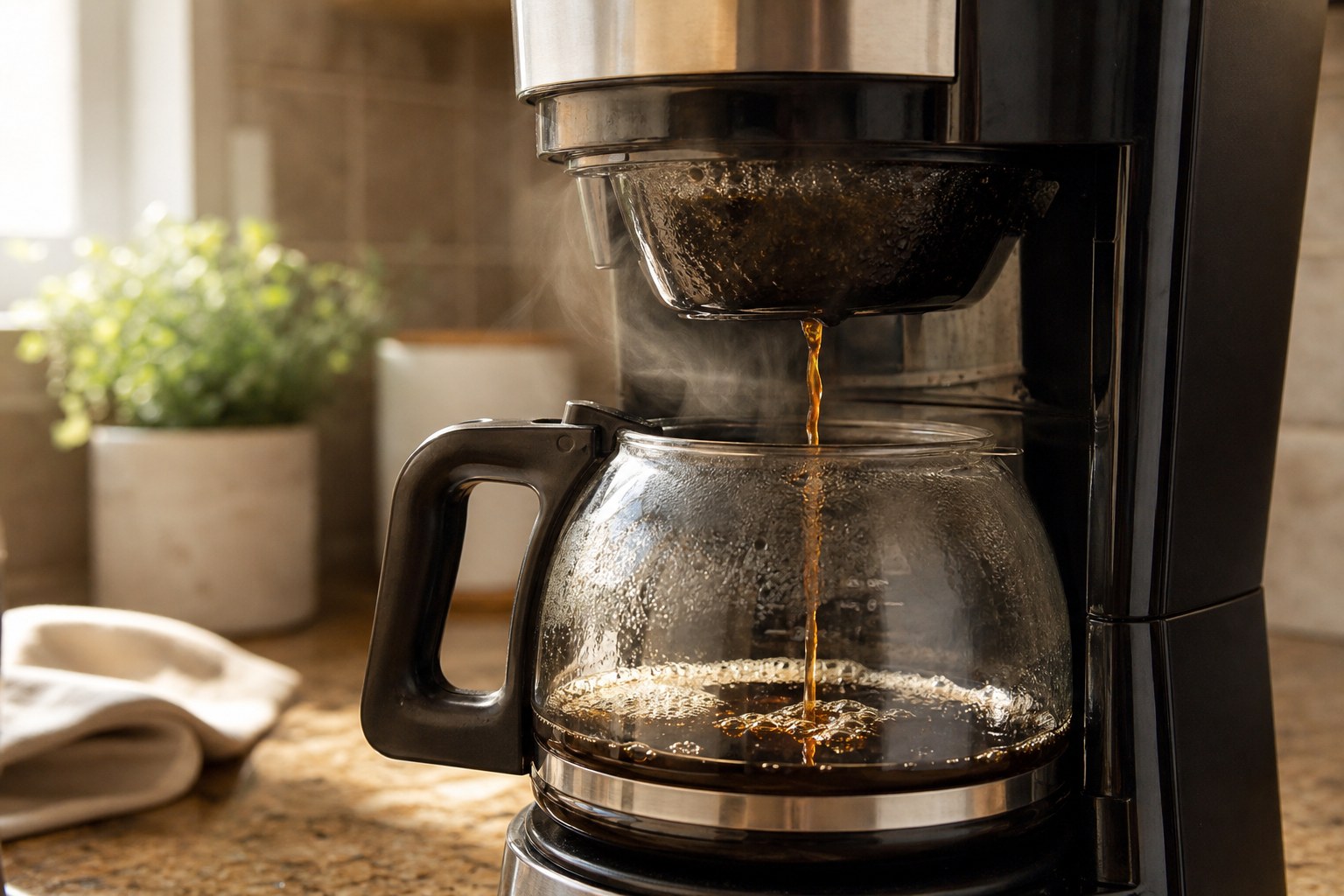 Fresh coffee brewing into a glass carafe in a drip coffee maker