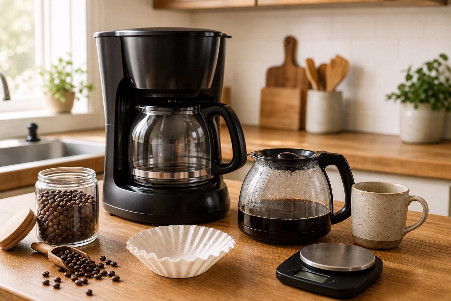 A drip coffee maker, glass carafe, coffee beans, filter, and kitchen scale on a warm kitchen counter