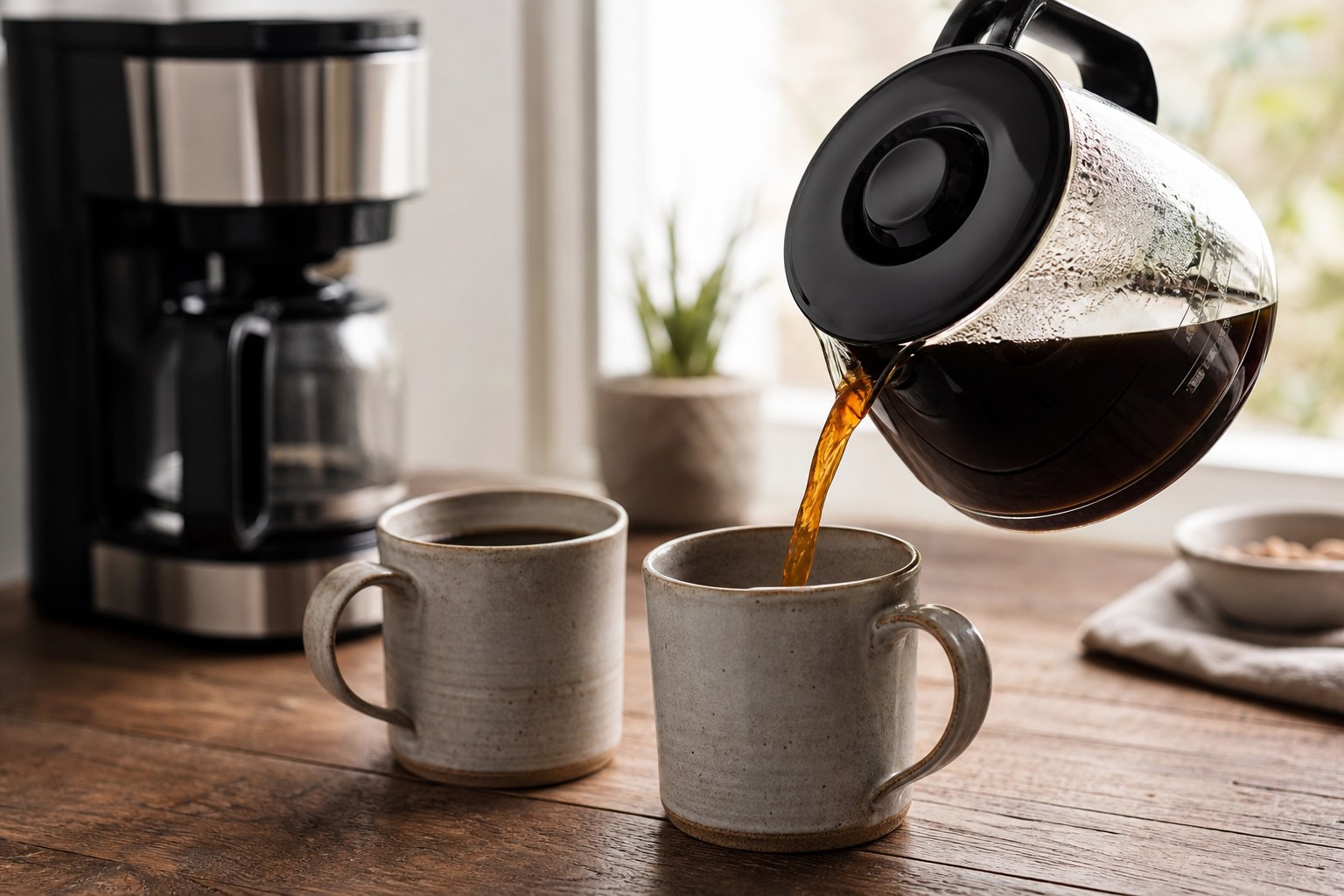 Fresh drip coffee being poured from a glass carafe into ceramic mugs