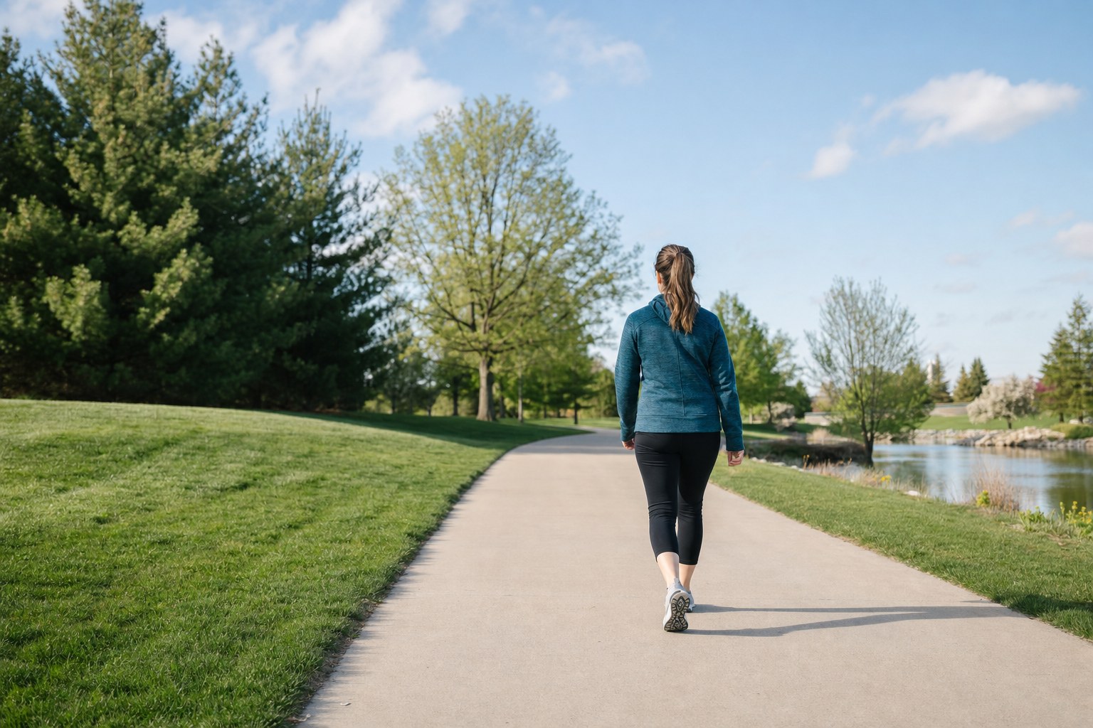 Person taking an easy walk on a paved park path.