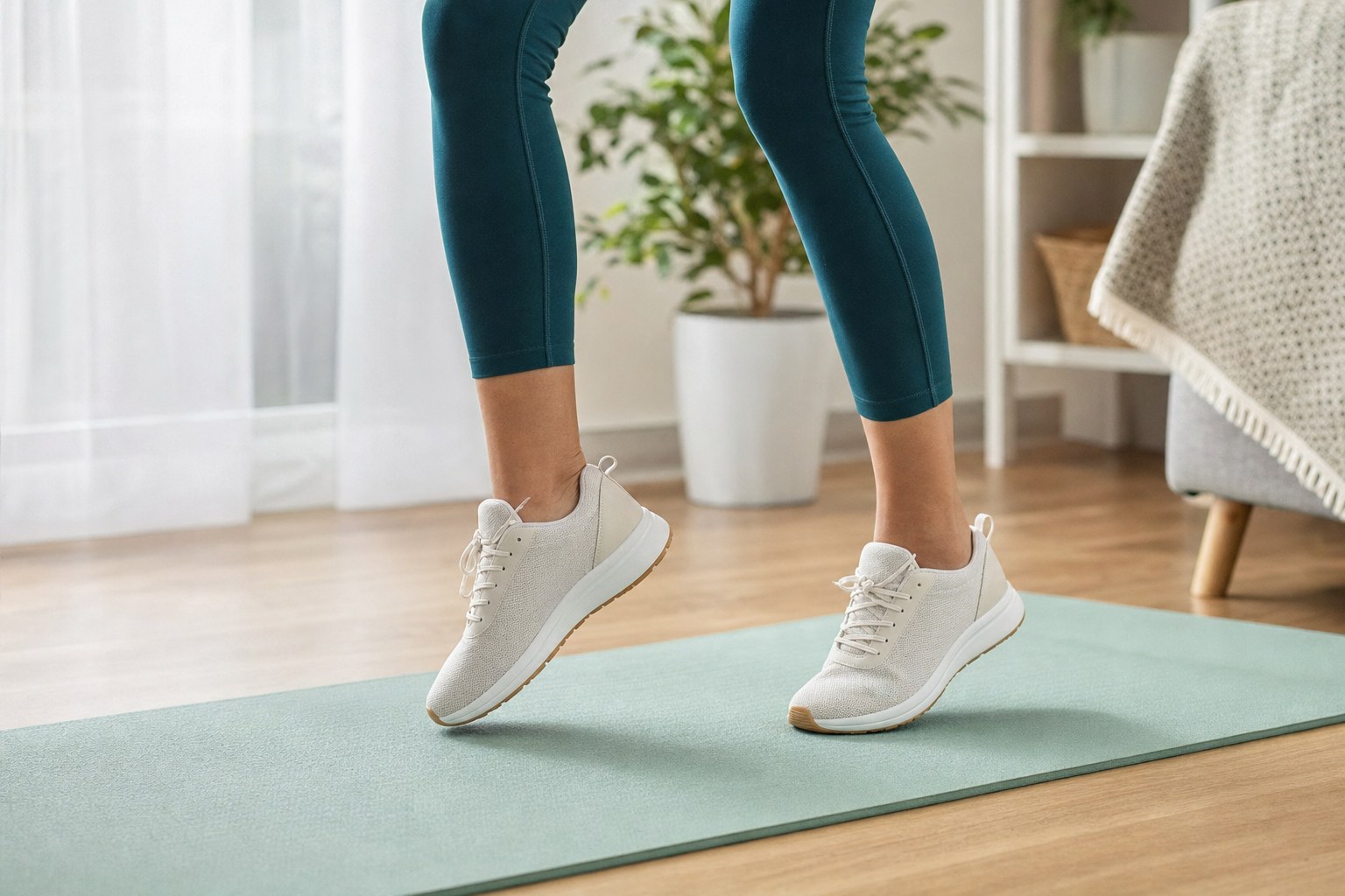 Person gently stepping in place on a pale mint exercise mat.