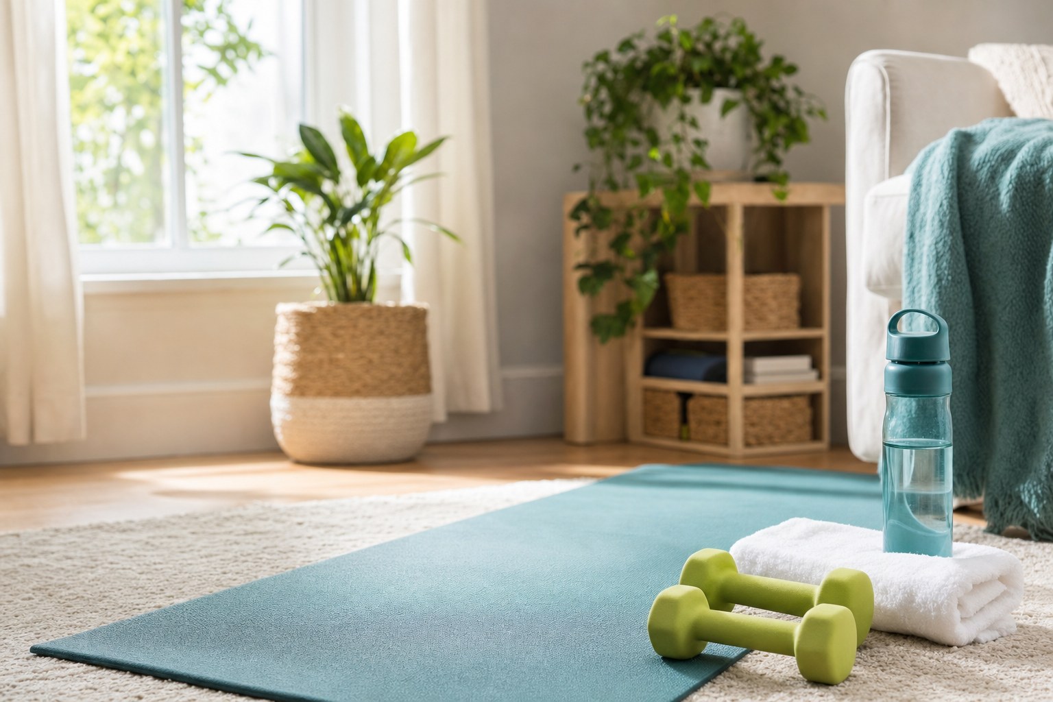 Home workout space with a teal exercise mat, light dumbbells and water bottle.