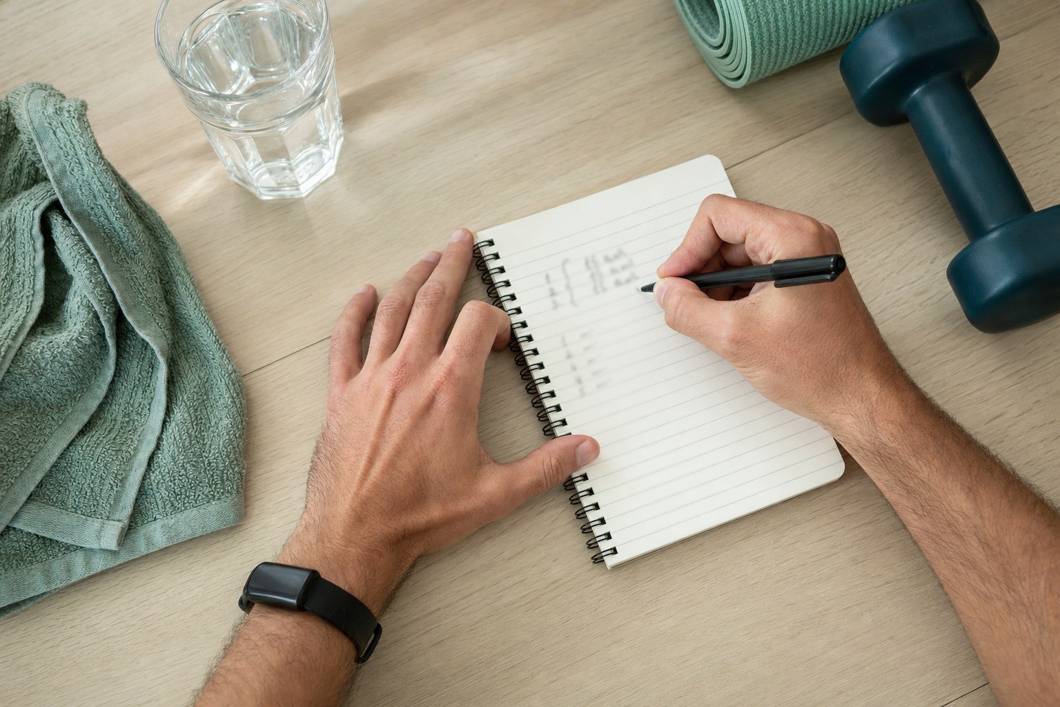 Hands writing a short workout log beside a towel, water and dumbbell.