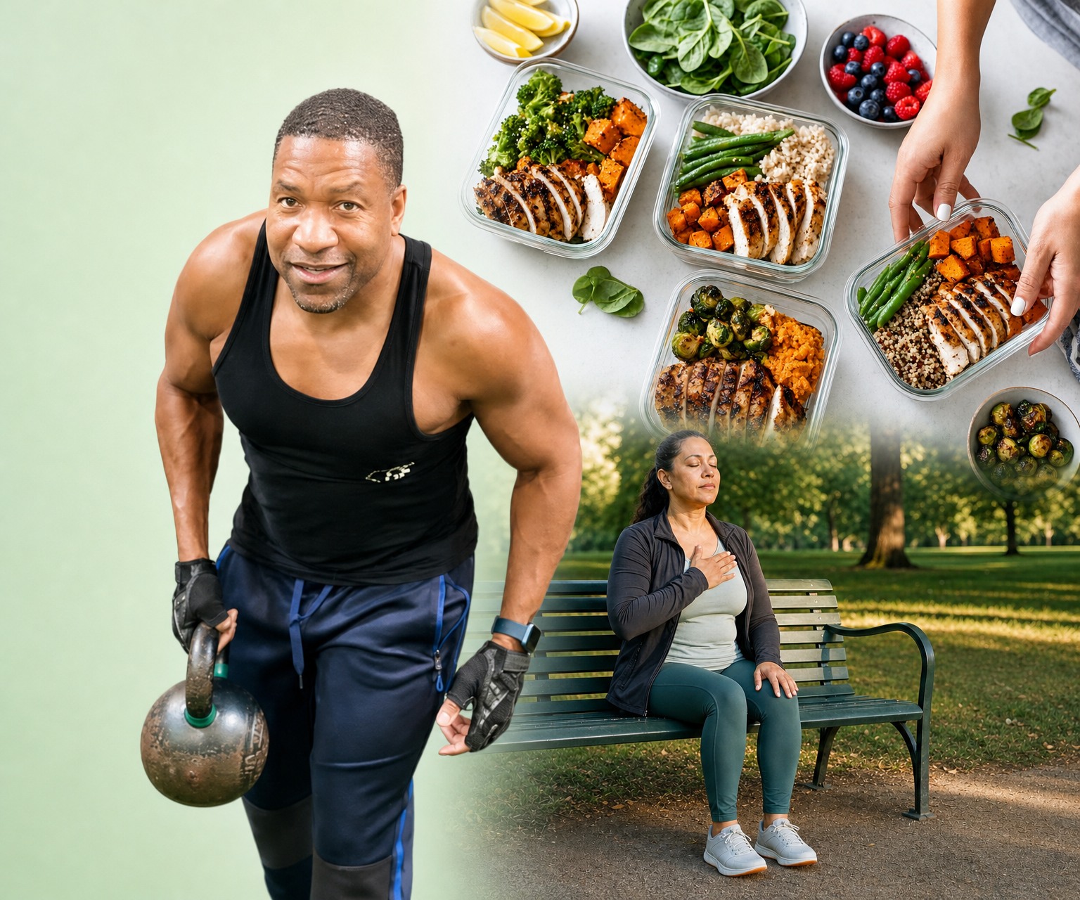 Rob Shepherd training with a kettlebell, healthy prepared meals and a woman taking a peaceful moment in a park