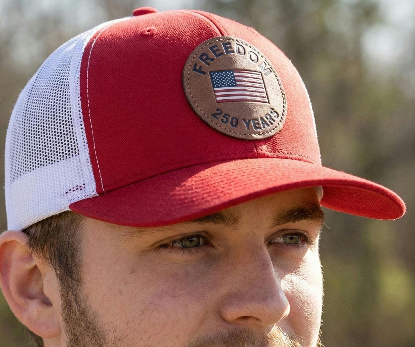 250 Years of Freedom Trucker Hat | American Flag Leather Patch