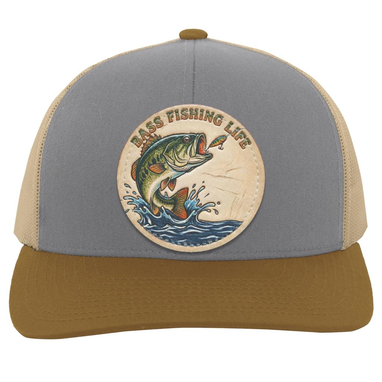 Bass Fishing Life Trucker Hat | Largemouth Bass Tooled Leather Patch Cap, view 2