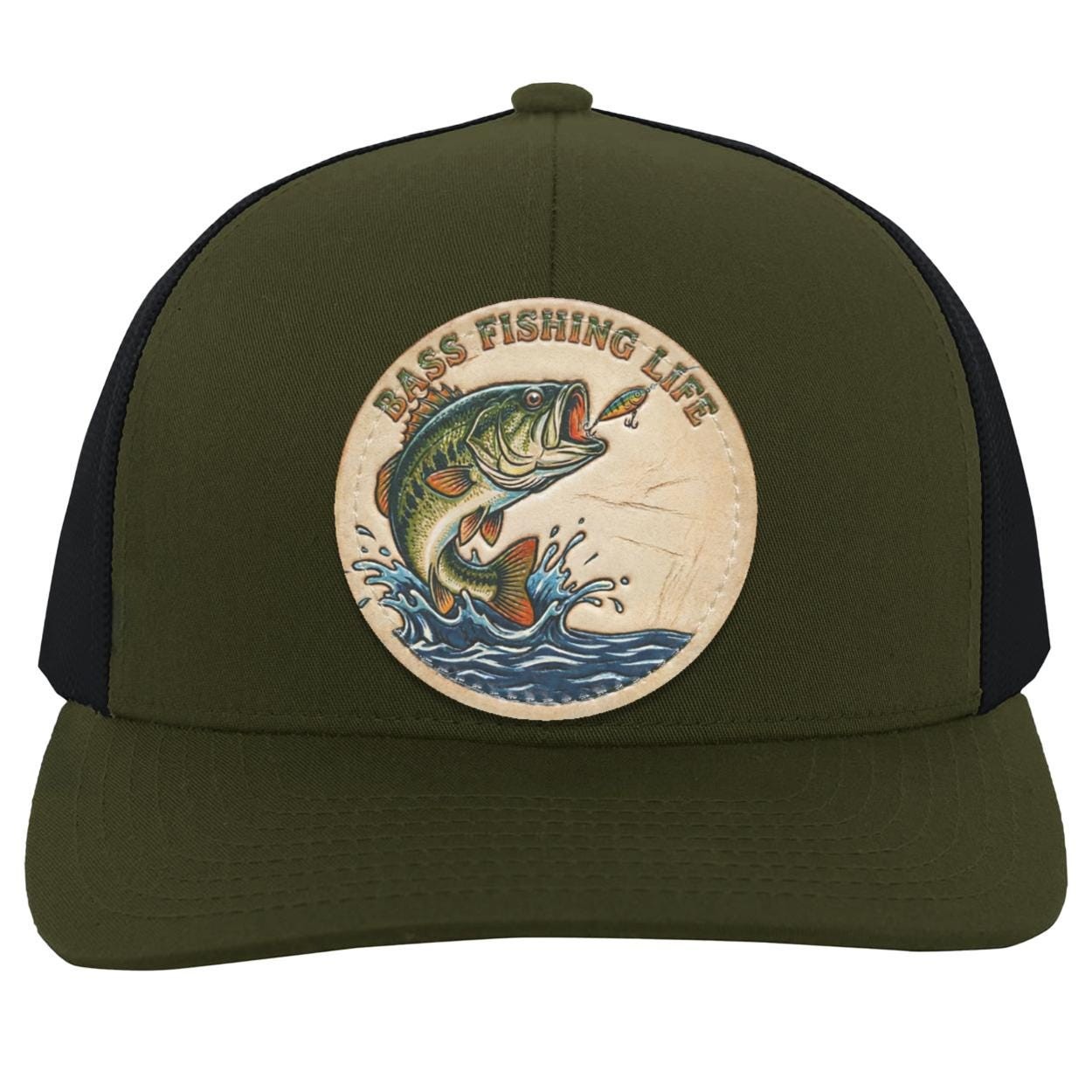 Bass Fishing Life Trucker Hat | Largemouth Bass Tooled Leather Patch Cap, view 3