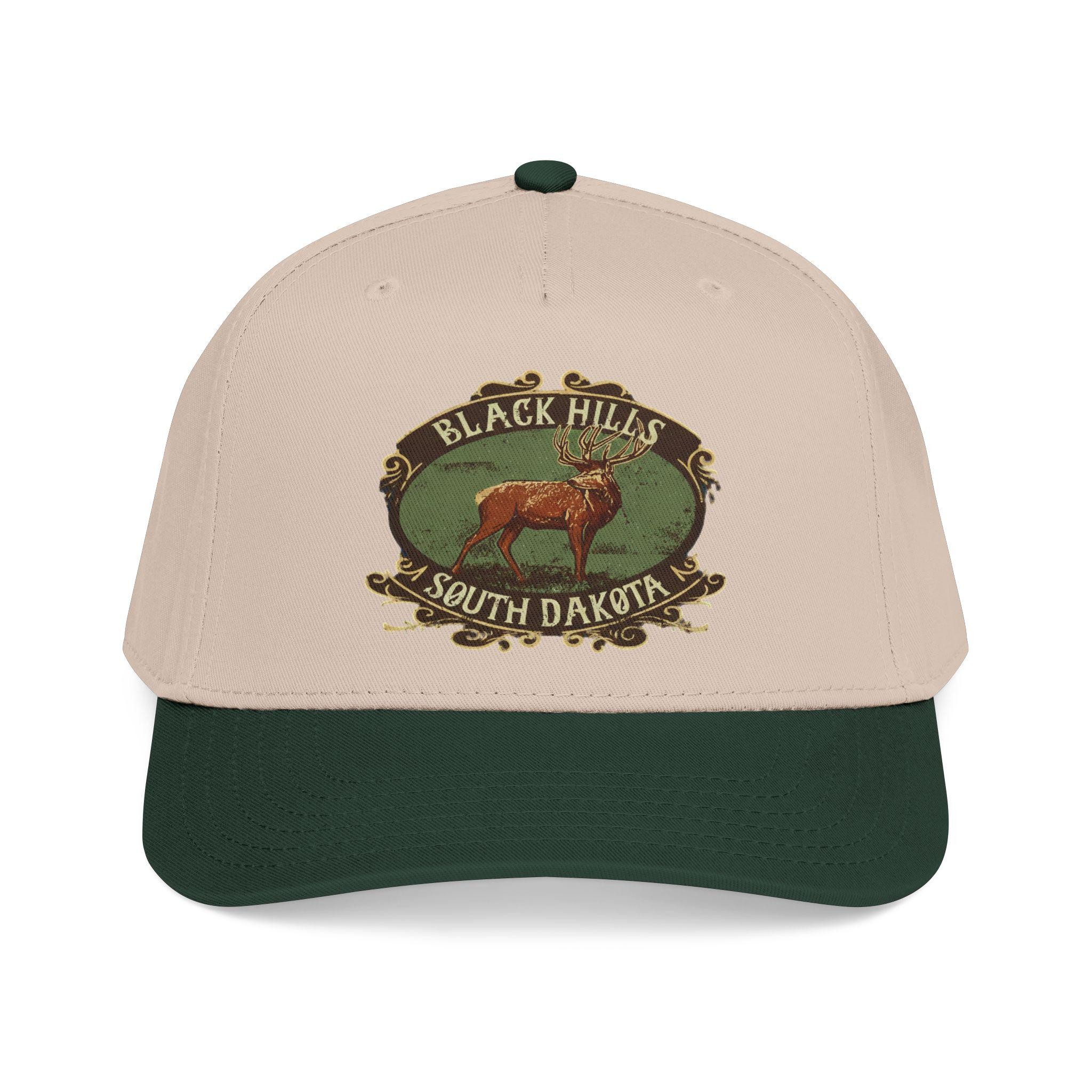 Black Hills South Dakota Elk emblem Mid Profile Baseball Cap | Vintage outdoor travel hat, view 2