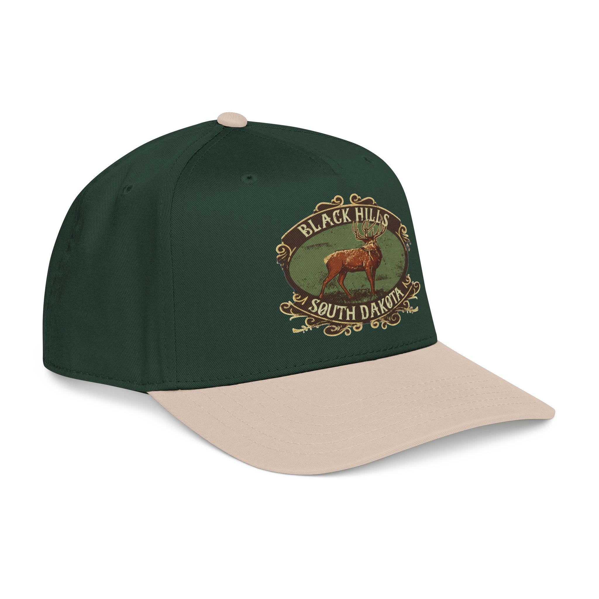 Black Hills South Dakota Elk emblem Mid Profile Baseball Cap | Vintage outdoor travel hat, view 3