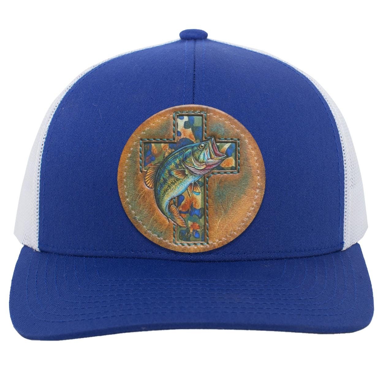 Christian Bass Fishing Trucker Hat, Camo Cross Leather Patch Cap