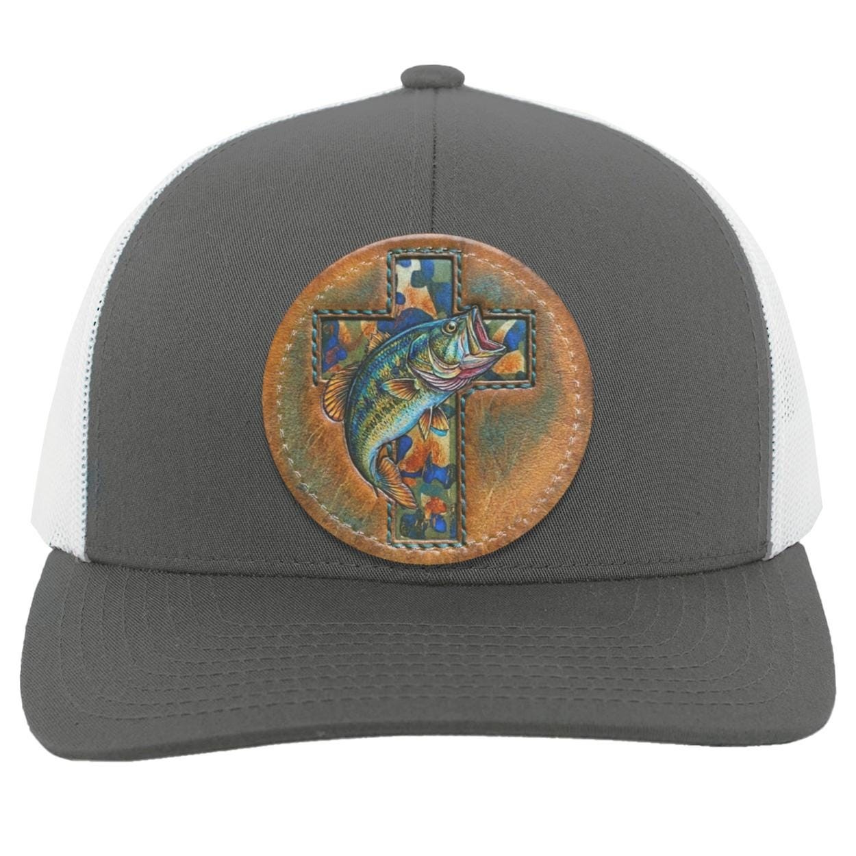 Christian Bass Fishing Trucker Hat, Camo Cross Leather Patch Cap, view 2
