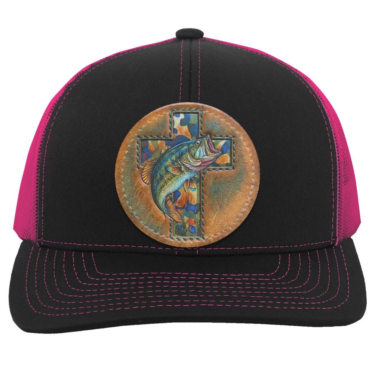 Christian Bass Fishing Trucker Hat, Camo Cross Leather Patch Cap, view 3