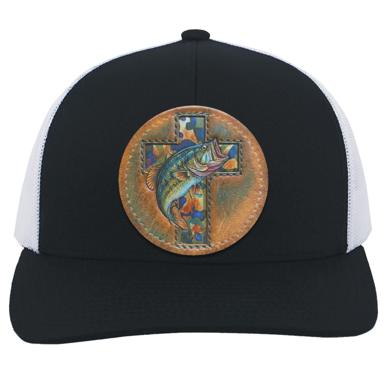 Christian Bass Fishing Trucker Hat, Camo Cross Leather Patch Cap, view 4