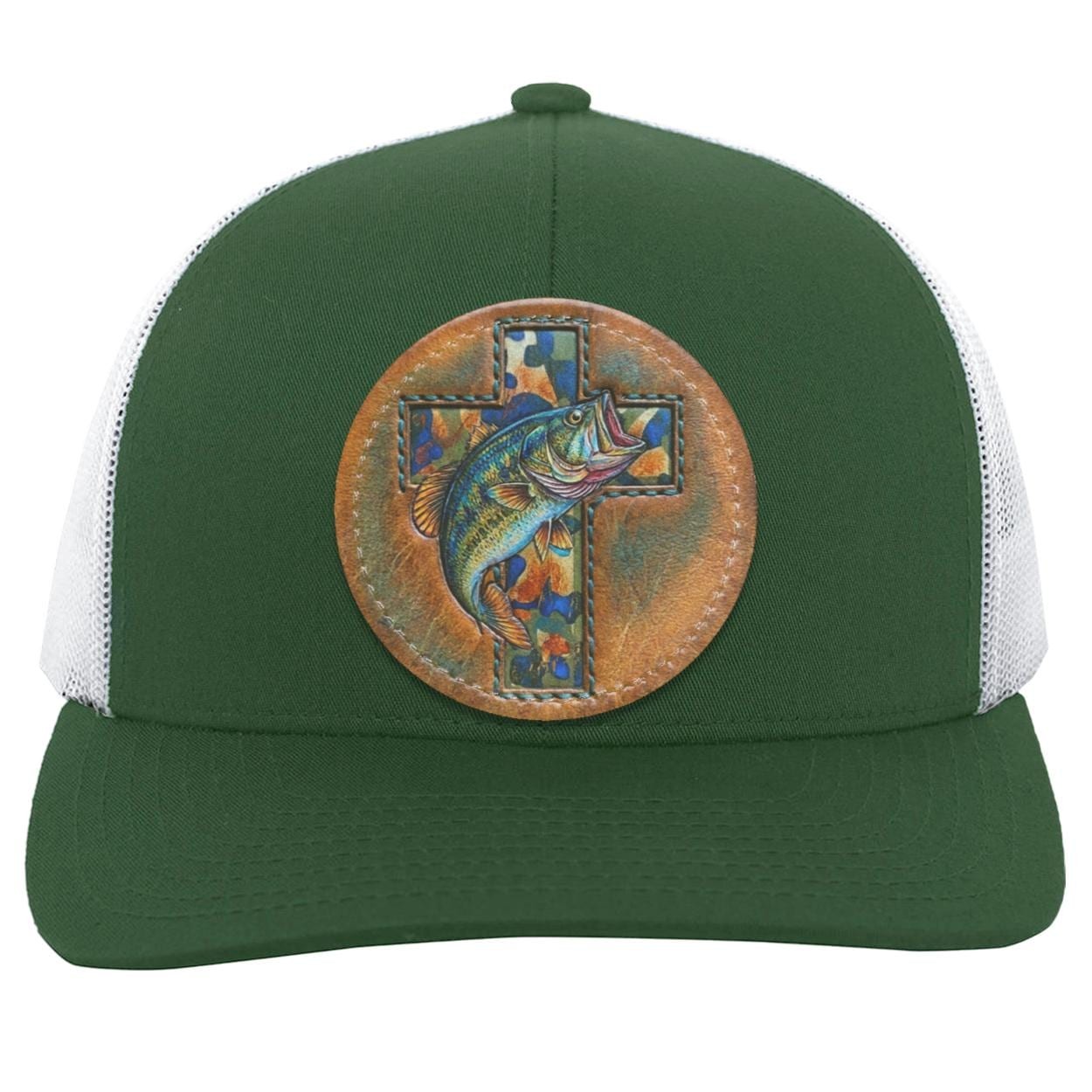 Christian Bass Fishing Trucker Hat, Camo Cross Leather Patch Cap, view 5