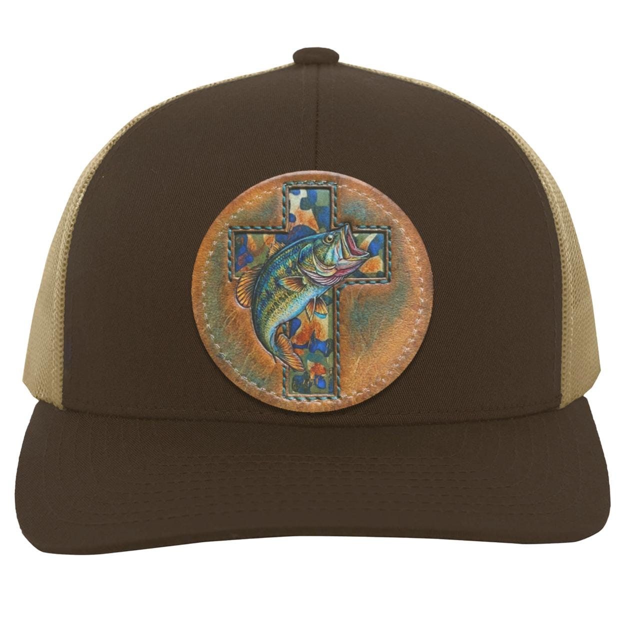 Christian Bass Fishing Trucker Hat, Camo Cross Leather Patch Cap, view 6