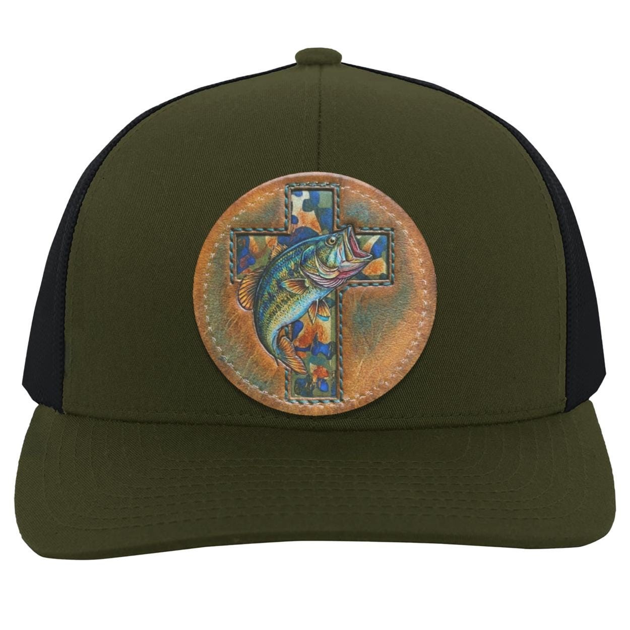 Christian Bass Fishing Trucker Hat, Camo Cross Leather Patch Cap, view 7