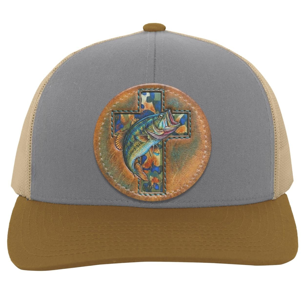 Christian Bass Fishing Trucker Hat, Camo Cross Leather Patch Cap, view 8