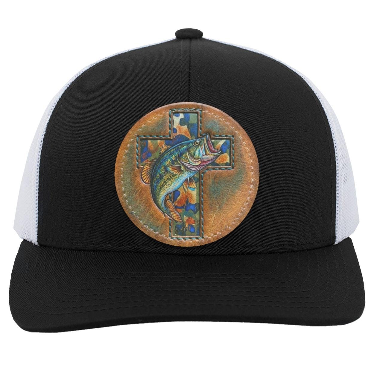 Christian Bass Fishing Trucker Hat, Camo Cross Leather Patch Cap, view 9